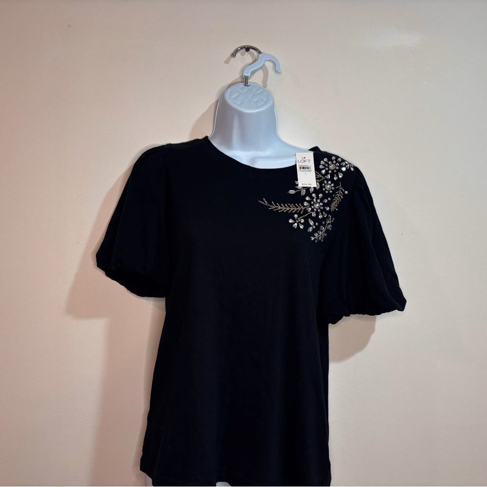 LOFT Black Puff Sleeve Blouse with Floral Embroidery